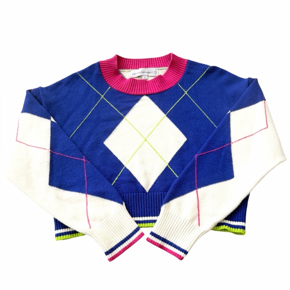 Central Park West Aron Argyle Crop L/S Crew‎ Sweater Kids Size Medium (10)